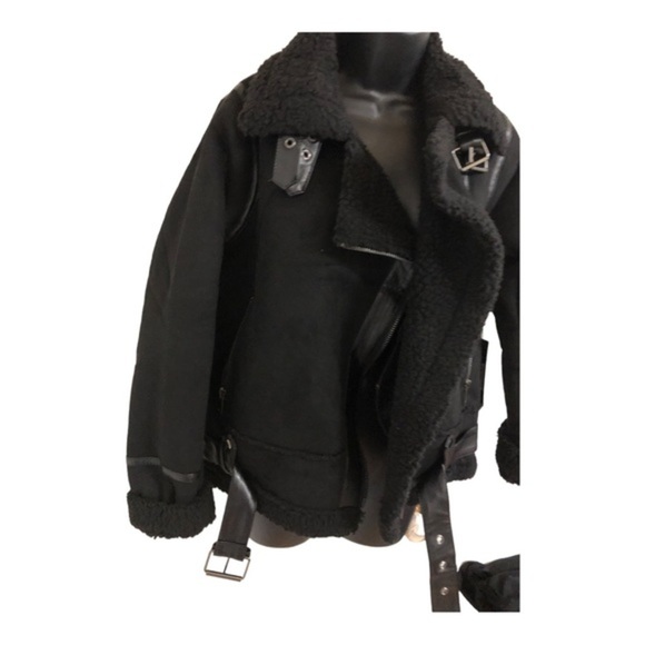 Black moto bomber buckled faux shearling biker jacket coat size small new - Picture 13 of 16